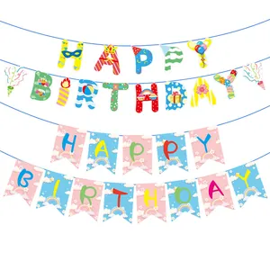 Bannière de Fanions Joyeux Anniversaire Guirlande en Papier Nuage Arc-en-Ciel Coloré Décoration de Fête Suspendue Fournitures de Fête d'Anniversaire