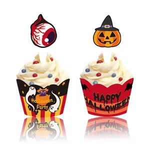 Halloween cupcake toppers and wrappers featuring festive pumpkin and eyeball motifs in detail view.
