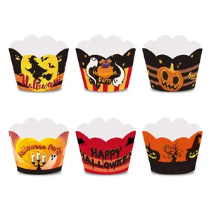 Halloween party cupcake wrappers featuring ghosts pumpkins and witches decorations for cakes