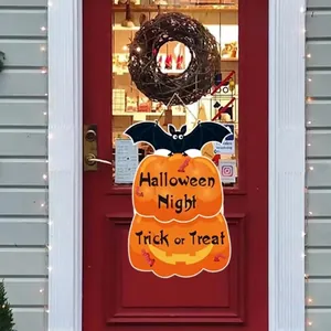 Halloween decorative hanging sign featuring bat and pumpkins for front door party decor