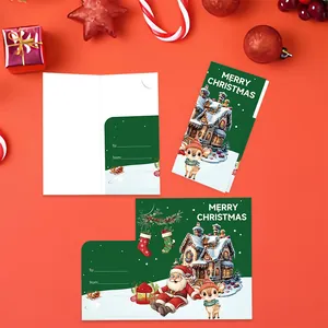 Detailed view of green Merry Christmas folded greeting cards with festive illustrations