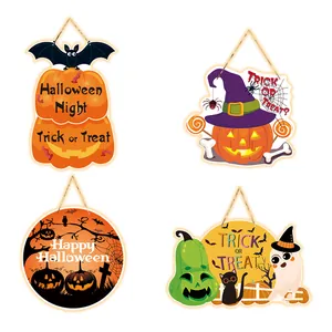 Set of four creative Halloween hanging wood signs with pumpkins, bats, and ghosts