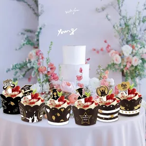 Black and gold graduation party cupcake wrappers and toppers set with congrats motifs