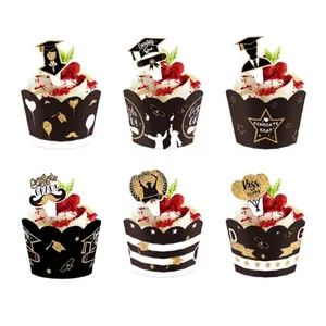 2024 Graduation party cupcake wrappers and decorative toppers set in black and gold glitter