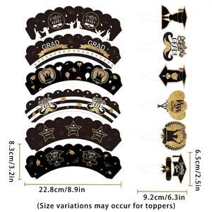 Graduation party cupcake wrappers and toppers set in elegant black and gold glitter style