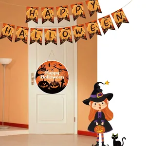 Halloween party decoration set featuring a round door hanger and festive orange banners