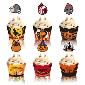 Lot de caissettes et décorations pour cupcakes d'Halloween avec citrouilles et fantômes.