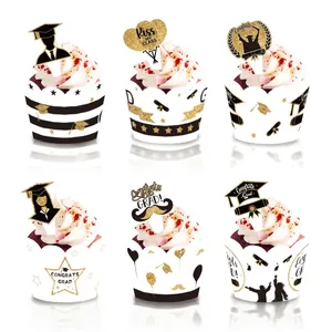 Set de decoración para cupcakes de graduación con adornos y envoltorios dorados