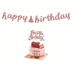 Rose goud glitter Happy Birthday slinger en taarttopper set voor feestdecoratie.