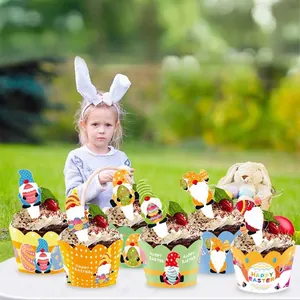 Festive Easter cupcake wrappers and gnome toppers set in a outdoor garden party