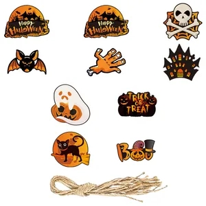 Collection of Halloween themed paper tags with pumpkin, ghost, bat designs and twine bundle.