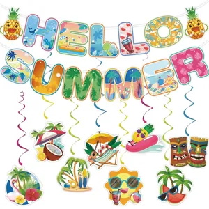 Hello Summer Banner und tropische Hängedekorationen für Hawaii-Themenpartys Set.