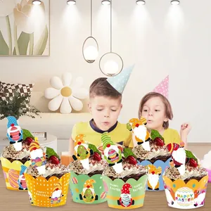 Festive Easter gnome cupcake wrappers and toppers set shown in a party scene with kids