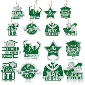Set di decorazioni da appendere per festa di laurea 2025 in glitter verde e argento scintillante