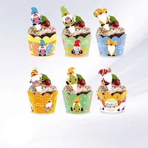 Easter Cupcake Wrappers And Toppers Set Paper Gnome Bunny Egg Cake Decoration For Party Supplies Happy Easter Baking Decor