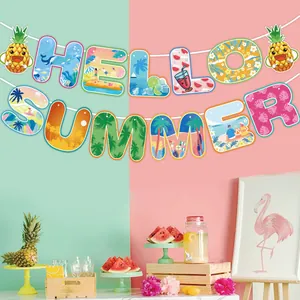 Πολύχρωμο πανό Hello Summer με ανανάδες για τροπικές διακοσμήσεις πάρτι στη Χαβάη.