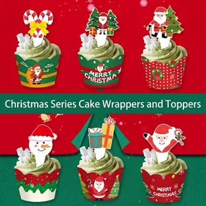 Christmas Paper Cake Toppers And Wrappers Set Santa Claus Snowman Tree Printed Cupcake Decoration Holiday Party Favors