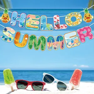 Πολύχρωμο πανό για πάρτι 'HELLO SUMMER' με τροπικά μοτίβα φρούτων για διακόσμηση