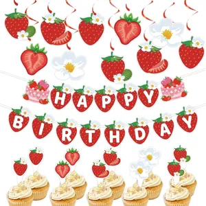 Aardbei thema verjaardagsfeest decoratieset met rode slinger en cupcake toppers