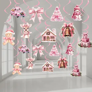 Set of pink Christmas hanging spiral swirls with festive cutouts for holiday party decor