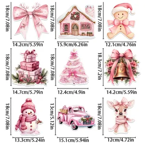 Dimensions of 9 pink Christmas decorations including bow, tree, and reindeer.