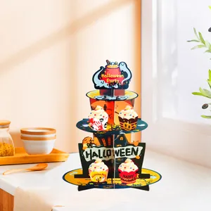 Three-tier Halloween cupcake stand with ghost and pumpkin motifs for festive party decor
