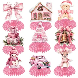 Watercolor set of 9 pink Christmas honeycomb hanging decorations for party scenes
