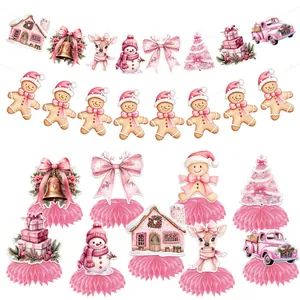 Pink Christmas party decoration set with gingerbread man and honeycomb ornaments