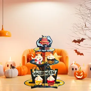 3-tier cardboard cupcake stand with various festive Halloween party themed graphics