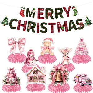 Pink Christmas honeycomb centerpieces set with plaid Merry Christmas hanging banner