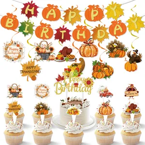 Thanksgiving birthday party decoration set with pumpkin banner and turkey cupcake toppers