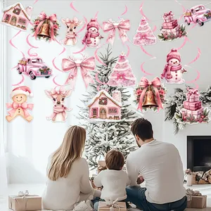 Pink Christmas Party Decoration Paper Banner Spiral Pendant Honeycomb Ornament Santa Reindeer Snowman Festive Home Decor
