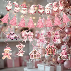 Pink Christmas spiral hanging ornaments with festive gnomes and trees