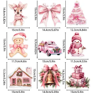 Set of 9 pink Christmas themed hanging ornaments with size dimensions in cm and inches