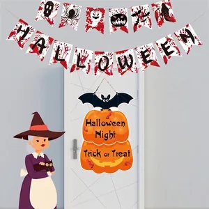 Halloween party decoration set including bloody banner and pumpkin door hanger props