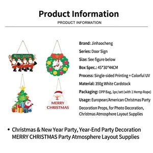 Detailed view of 4 festive Christmas cardstock door hangers with hanging twine included