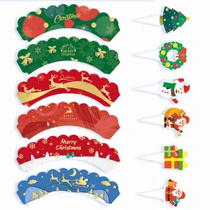 Collection of Christmas cupcake wrappers and toppers with Santa and reindeer designs.