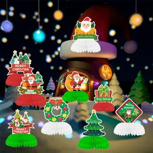 Set of 8 colorful Christmas honeycomb centerpieces featuring Santa and tree designs.
