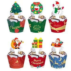 Set of six festive Christmas cupcake liners and decorative toppers featuring Santa and trees.