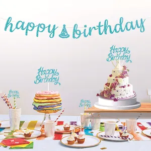 Banniere joyeux anniversaire a paillettes bleues et decoration de fete pour enfants.