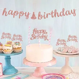Roze glitter Happy Birthday banner en bijpassende taarttoppers voor verjaardagsfeestjes