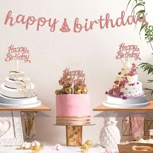 Glitter roze Happy Birthday banner en bijpassende taarttoppers voor feestdecoratie