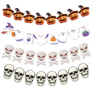 Halloween party banners set featuring cute ghosts, pumpkins, and skulls decoration