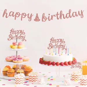 Roze Goud Glitter Happy Birthday Letter Banner En Taarttopper Set Voor Verjaardagsfeestje Decoraties Hangende Banners