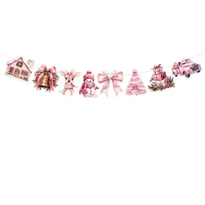 Pink Christmas theme party hanging banner set with snowman, deer, and gift box cutouts.