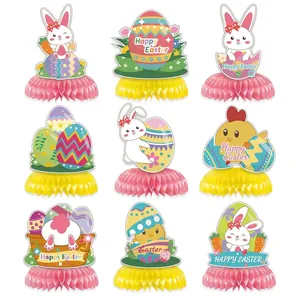 Easter party honeycomb centerpieces set featuring cartoon rabbits and colorful eggs decorations