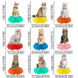 Abmessungen von 9 verschiedenen Katzen-Geburtstagsparty-Waben-Tischdekorationen
