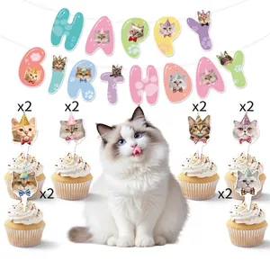 Cat Theme Birthday Party Decoration Set Happy Birthday Banner Cupcake Toppers Cat Face Honeycomb Centerpieces For Pet Celebration