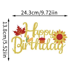 Gold glitter Happy Birthday banner with fall maple leaf and sunflower decorations, 9.72 inches.