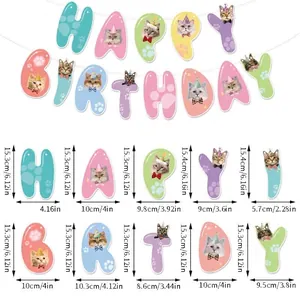 Detailed size guide for cat themed birthday party banner with colorful letter dimensions